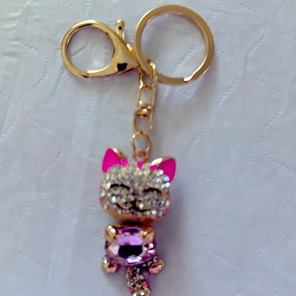 Pink Bling Sparkling rhinestone Cat bag charm keychain holder. - Picture 2 of 2